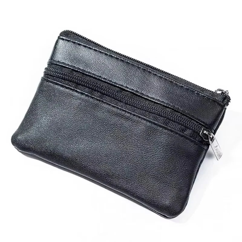 Black Leather Mini Coin Purse – Zipper Wallet & Key Card Holder for Men & Women