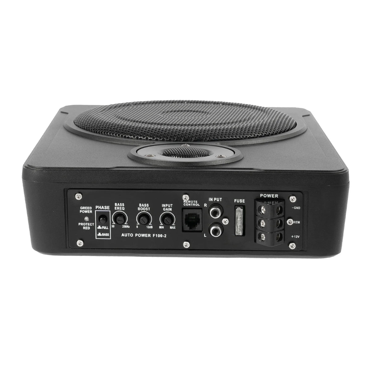 Black subwoofer with control panel on a white background