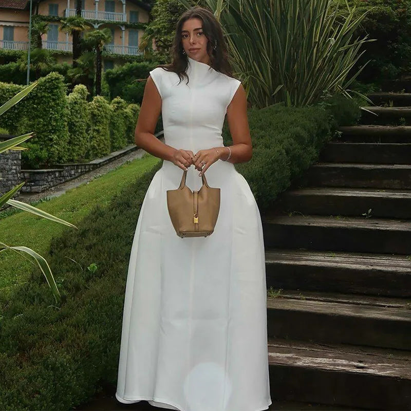 Sleeveless A-Line Prom Banquet Evening Dress — Solid Elegant Midi Formal Dress