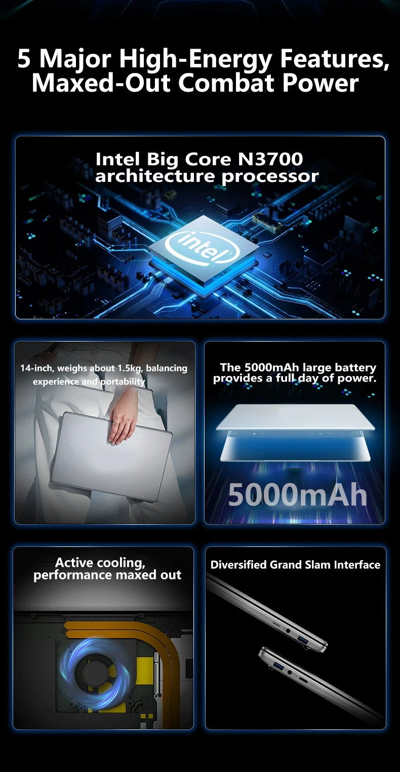 14.1" Intel N3700 Ultra Slim Notebook – 16GB RAM, Up to 2TB SSD, 1080P Display, Windows 11