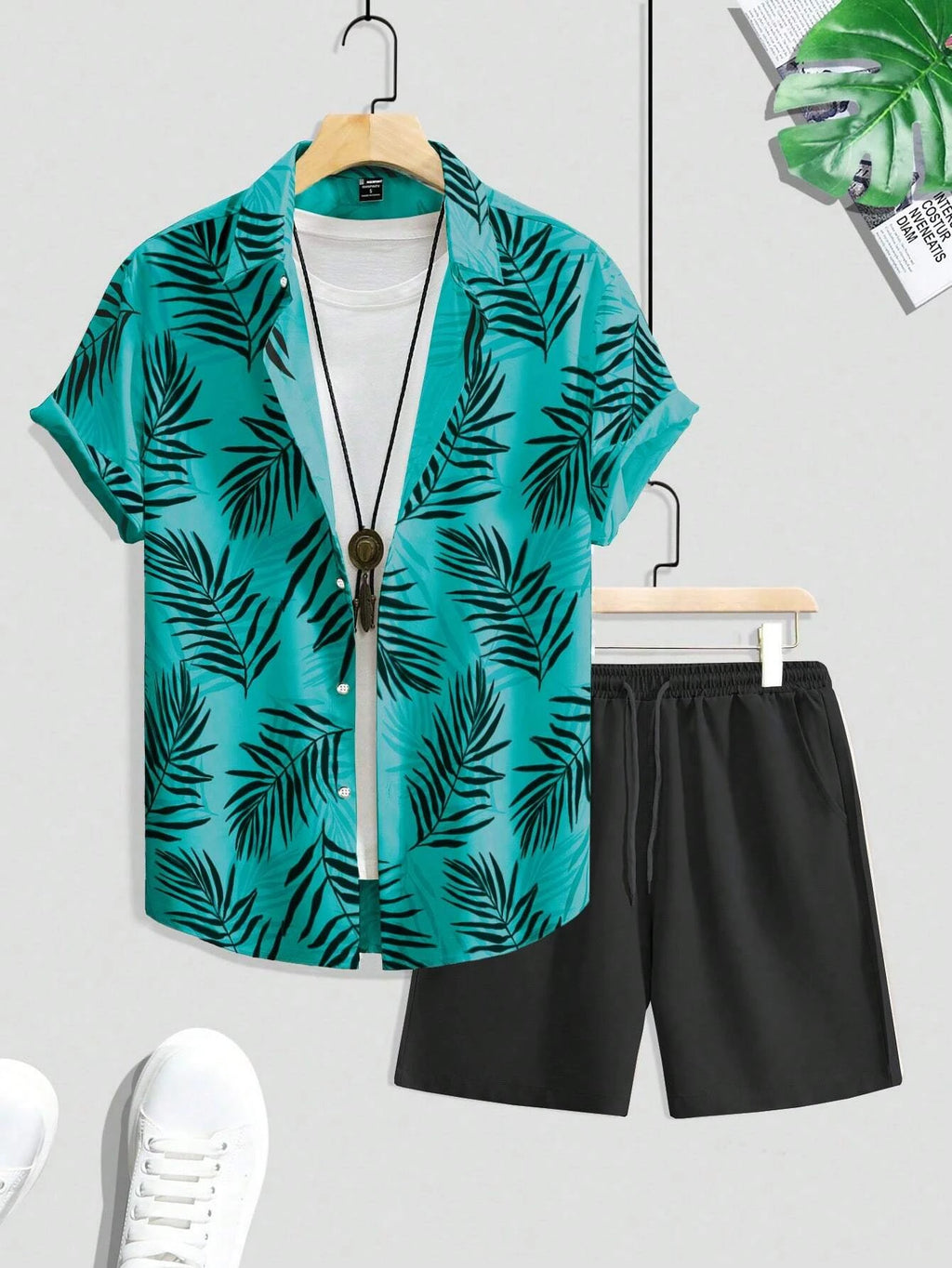 Men's Elegant Plant Print Lapel Shirt & Drawstring Shorts Set – Leisure Summer 2-Piece Suit