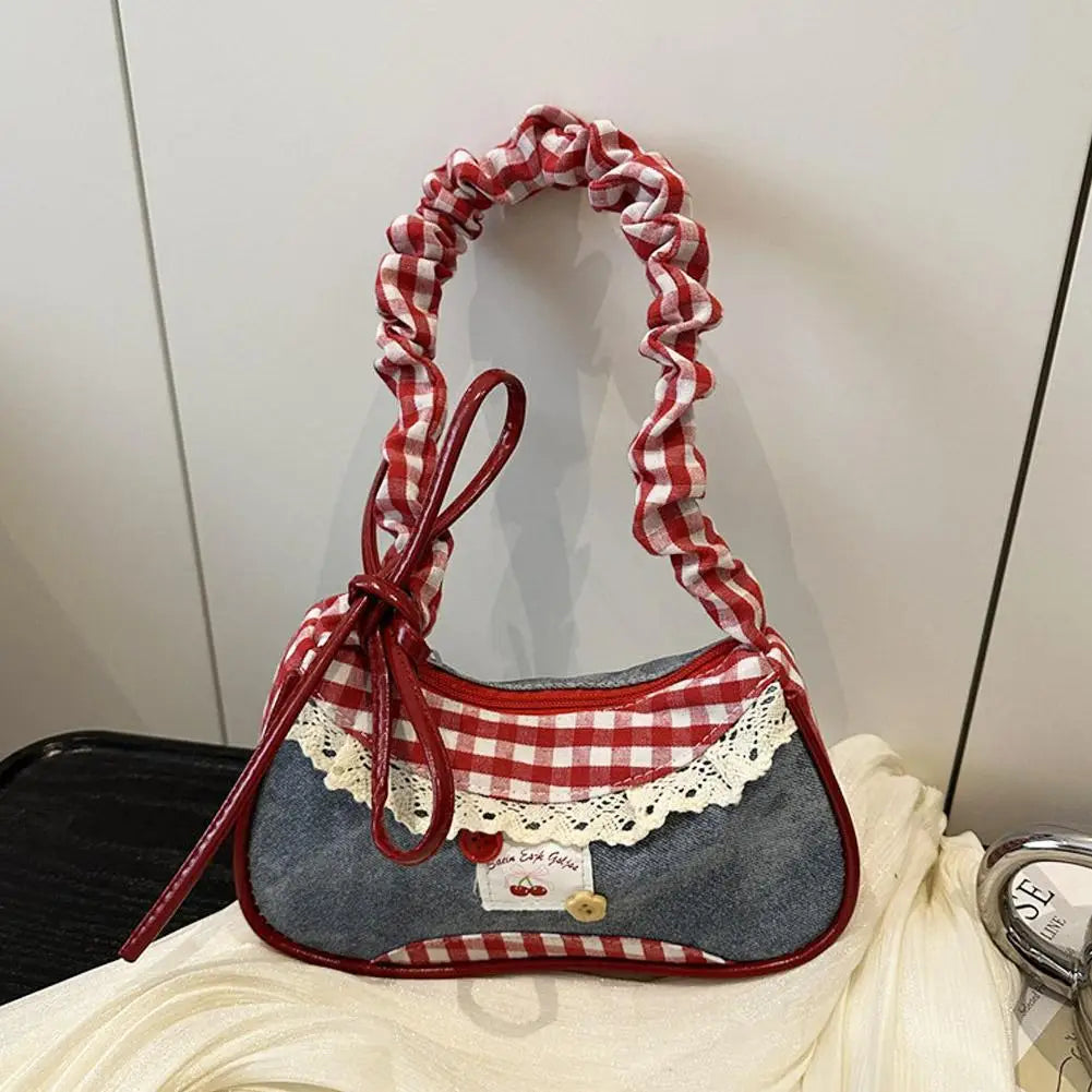 Y2K Checkered Lace Bowknot Shoulder Bag – Sweet Underarm Crossbody Bag for Women