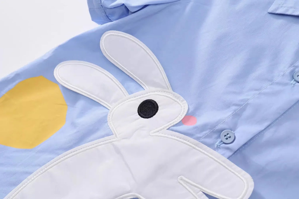 Rabbit Cartoon Shirt Dress for Girls — Short Sleeve Blue Casual Dress