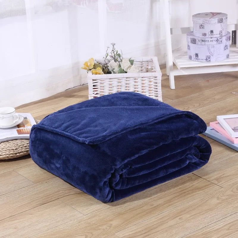 Coral Fleece Flannel Blanket – Solid Blue & Pink Soft Warm Bedspread & Sofa Cover