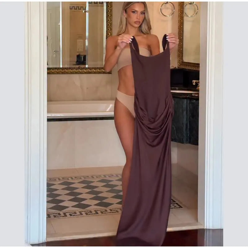 Brown Square-Neck Pleated Mini Dress — Sleeveless Backless Bodycon Club Dress