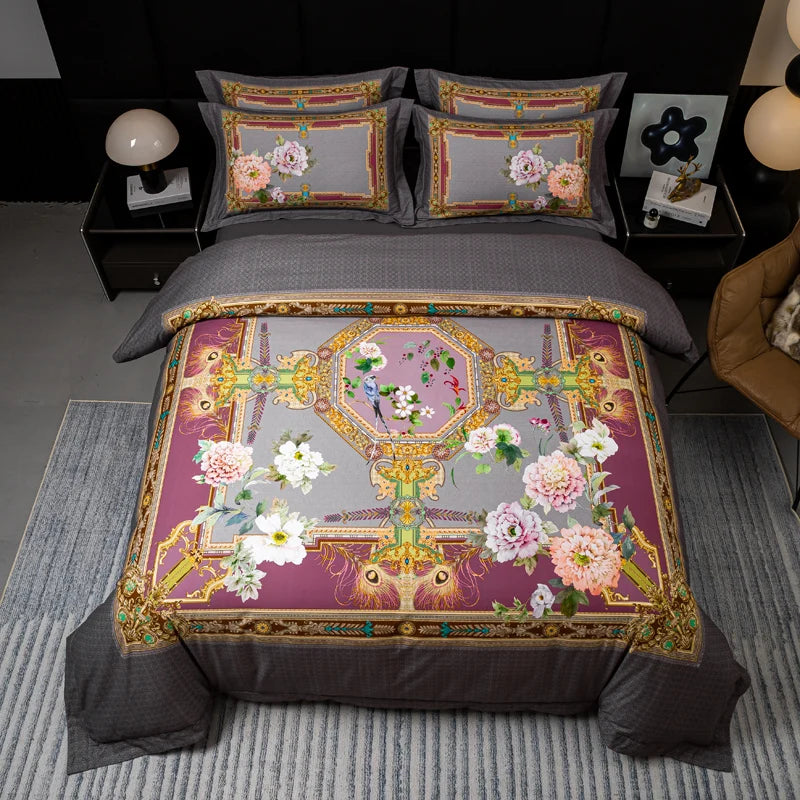 600TC Egyptian Cotton Bedding Set – Birds & Flowers Leaf Print, 16 Colors, Queen to US King