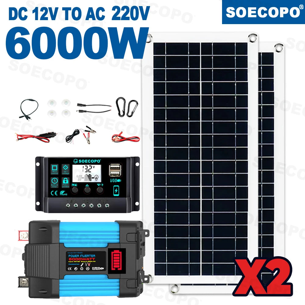 SOECOPO 6000W Solar Power System Kit – 200W x2 Panels, DC to AC Inverter, 100A Controller for Home & Camping
