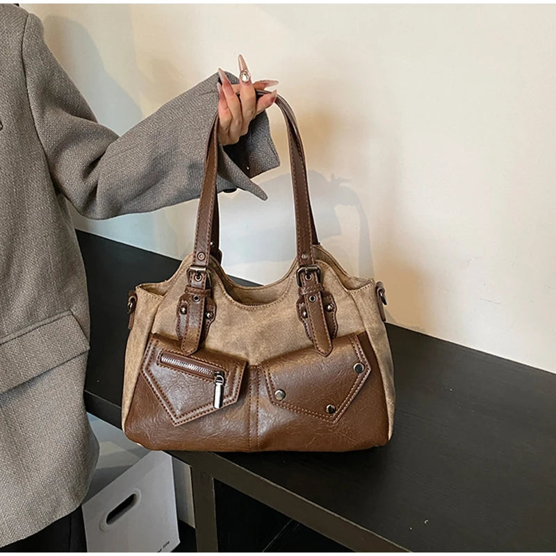 Retro Color-Block Satchel Shoulder Bag – European Style PU Leather Tote Handbag for Women