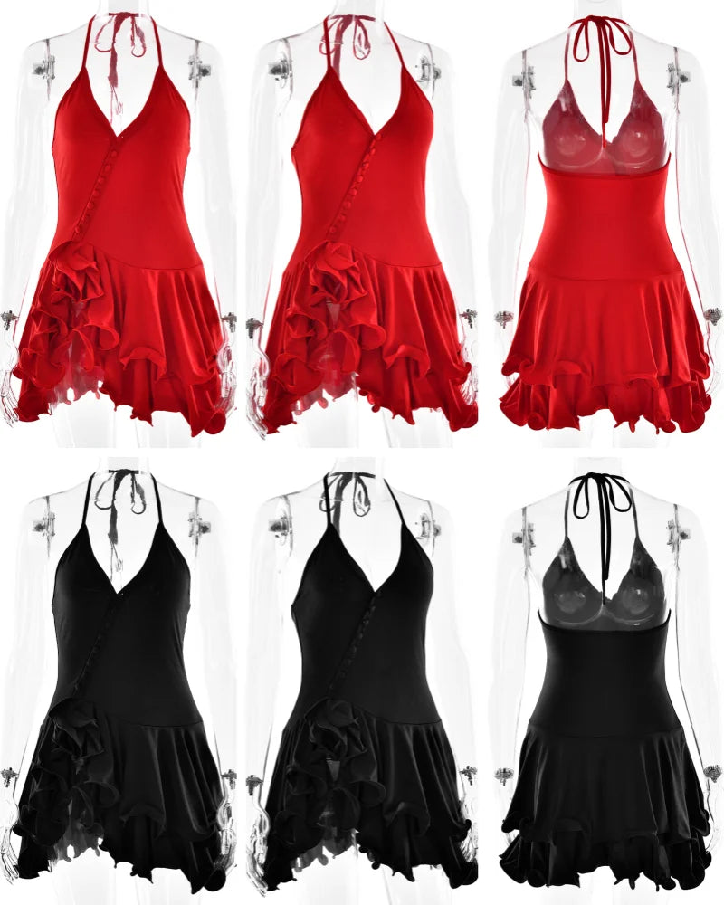 Absobe Women's A-Line Bodycon Mini Dress – Ruffle Hem V-Neck Asymmetrical Long Sleeve Party Dress