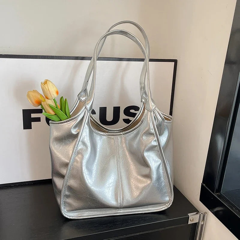 Silver TPU Large Capacity Tote Bag – Luxury Business Shoulder Handbag for Women