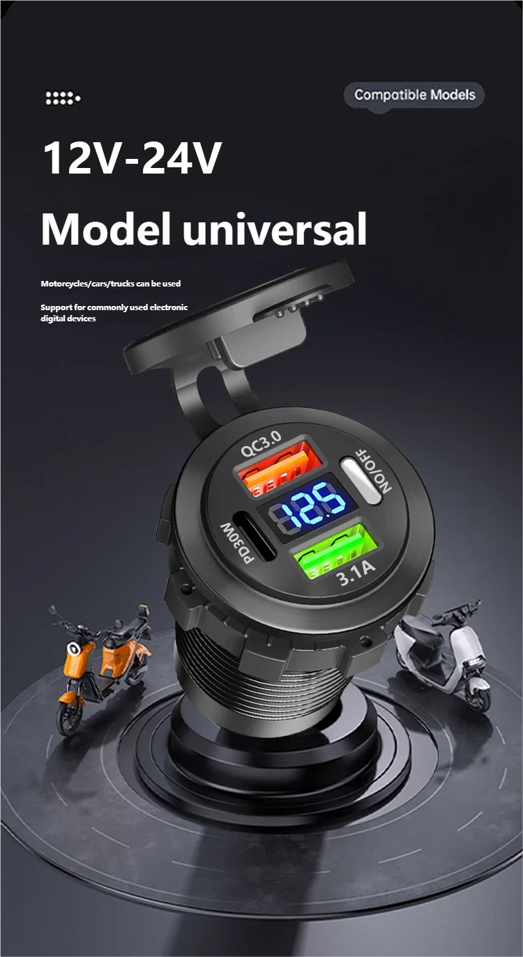 Car USB Charger with Voltmeter – PD3.0 & QC3.0 Fast Charging Socket for Motorcycle, Boat & Auto (12/24V)