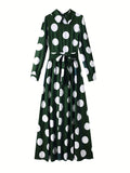 Bow Knot Polka Dot Maxi Dress — Long Sleeve Elegant Casual Lady Dress