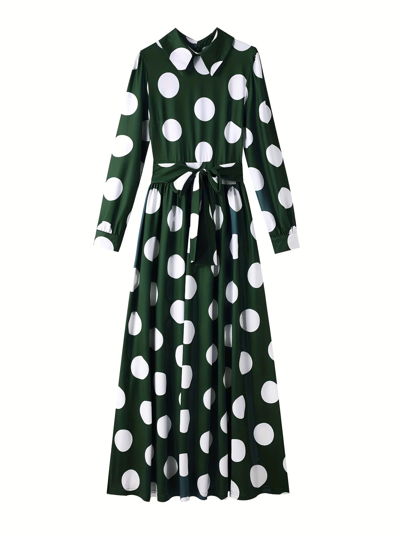 Bow Knot Polka Dot Maxi Dress — Long Sleeve Elegant Casual Lady Dress