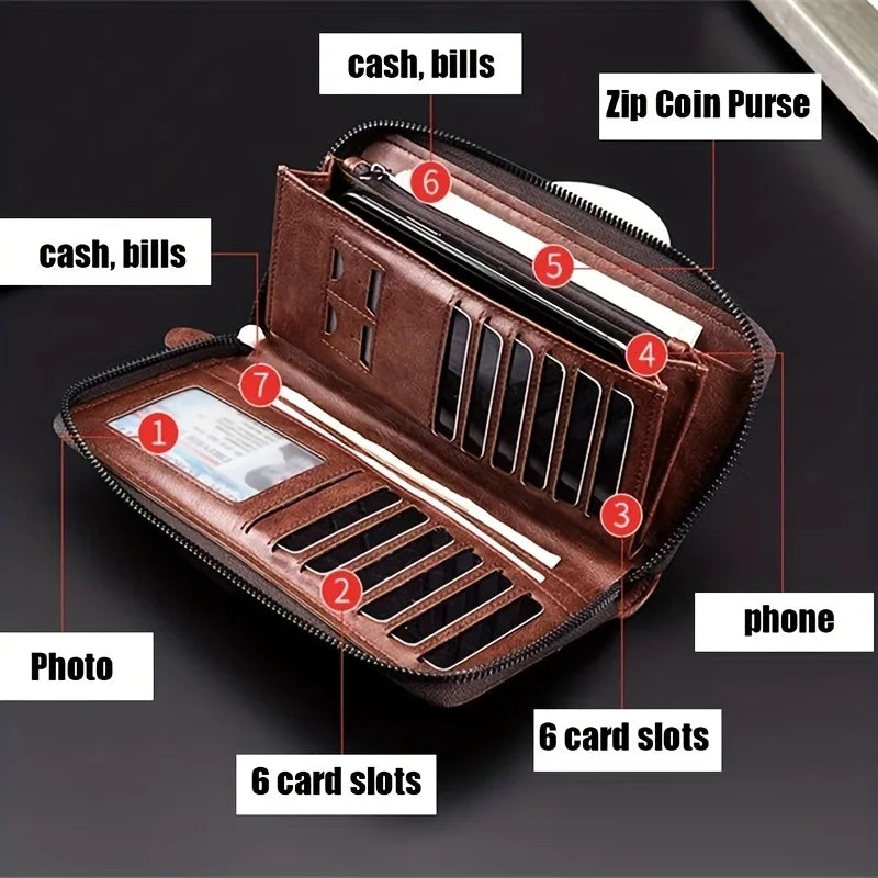 RFID Blocking Long Zipper Wallet – PU Leather Business Clutch Card Holder for Men