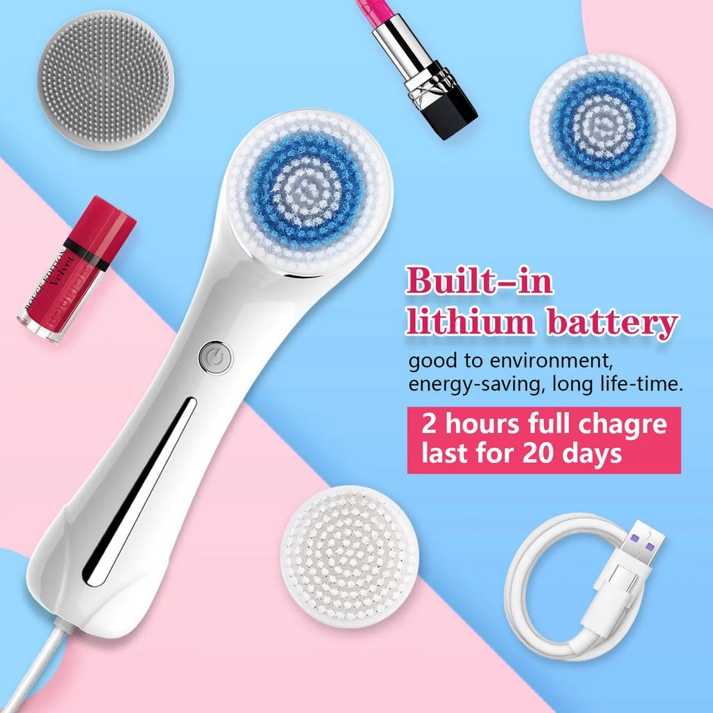 2-in-1 IPX7 Waterproof Facial Spin Scrubber – Rechargeable Electric Exfoliating Face Brush with 4 Heads