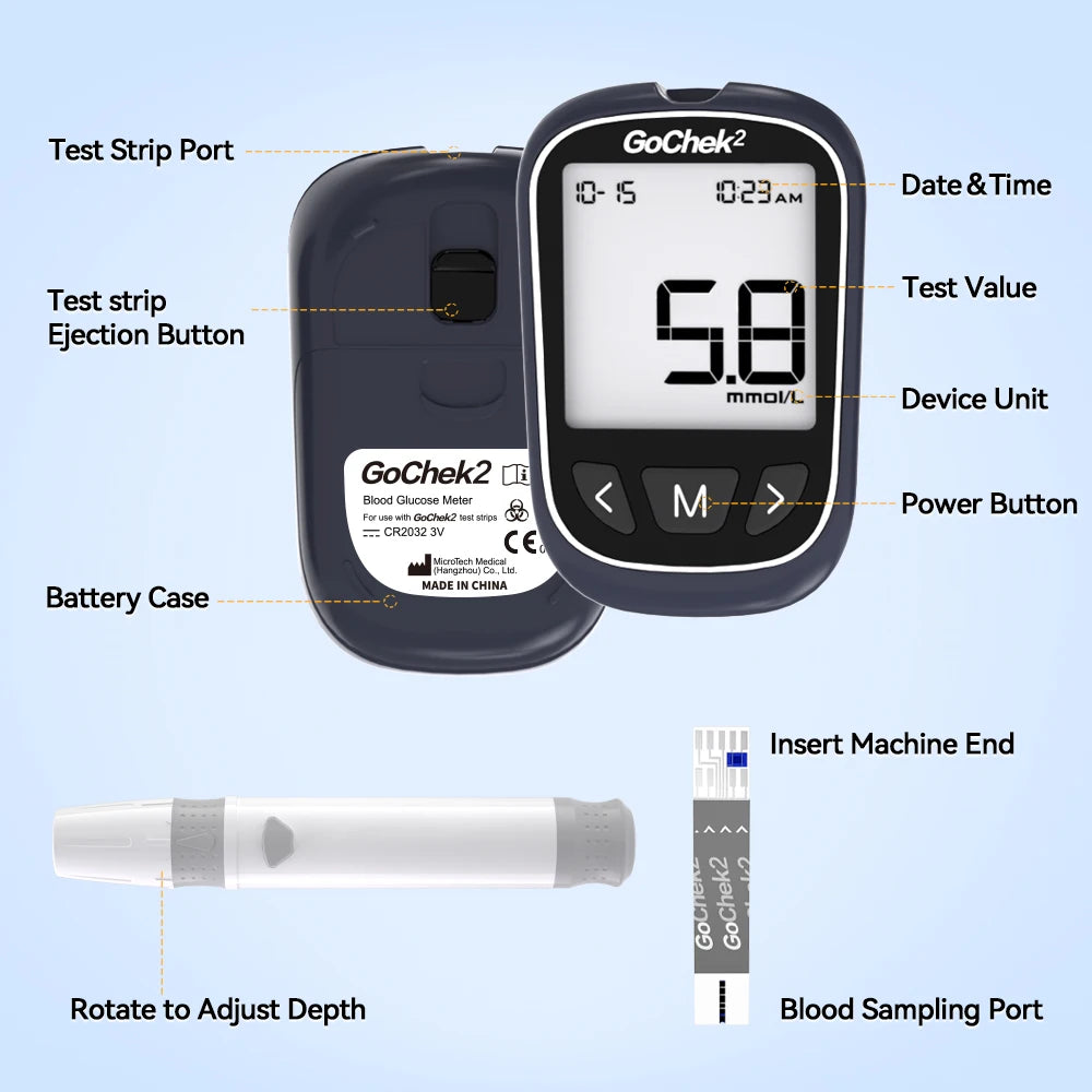 Microtech Gochek2 Blood Glucose Meter – 110 Test Strips & Lancets Included for Diabetes Testing