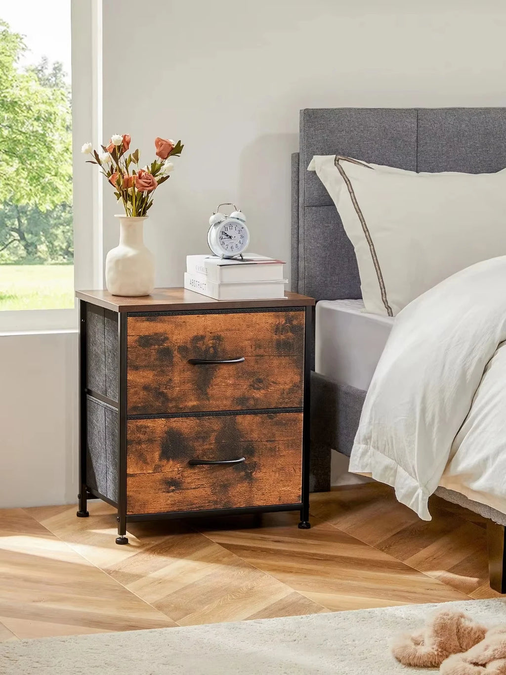 JHK Nightstand & Bedside Table – 2 Fabric Drawers, Storage Cabinet for Bedroom, Coffee & Sofa Side Table
