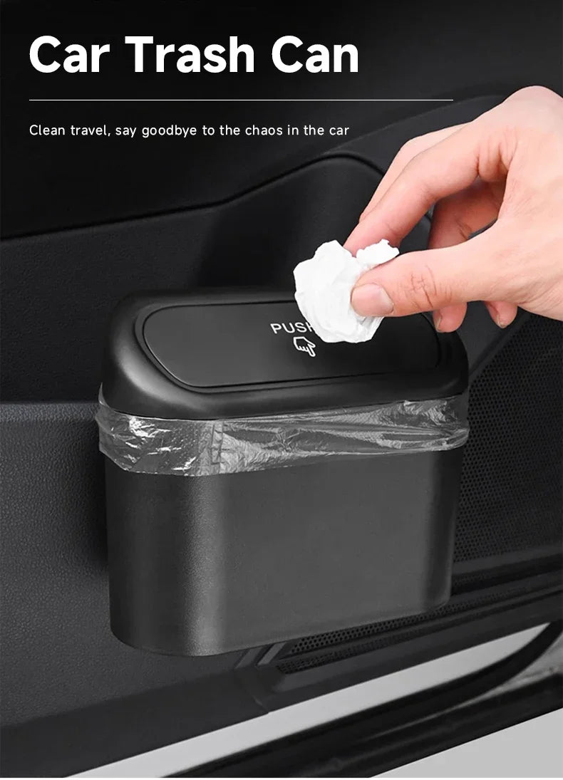 Car trash can with a hand disposing of a tissue, placed inside a car.