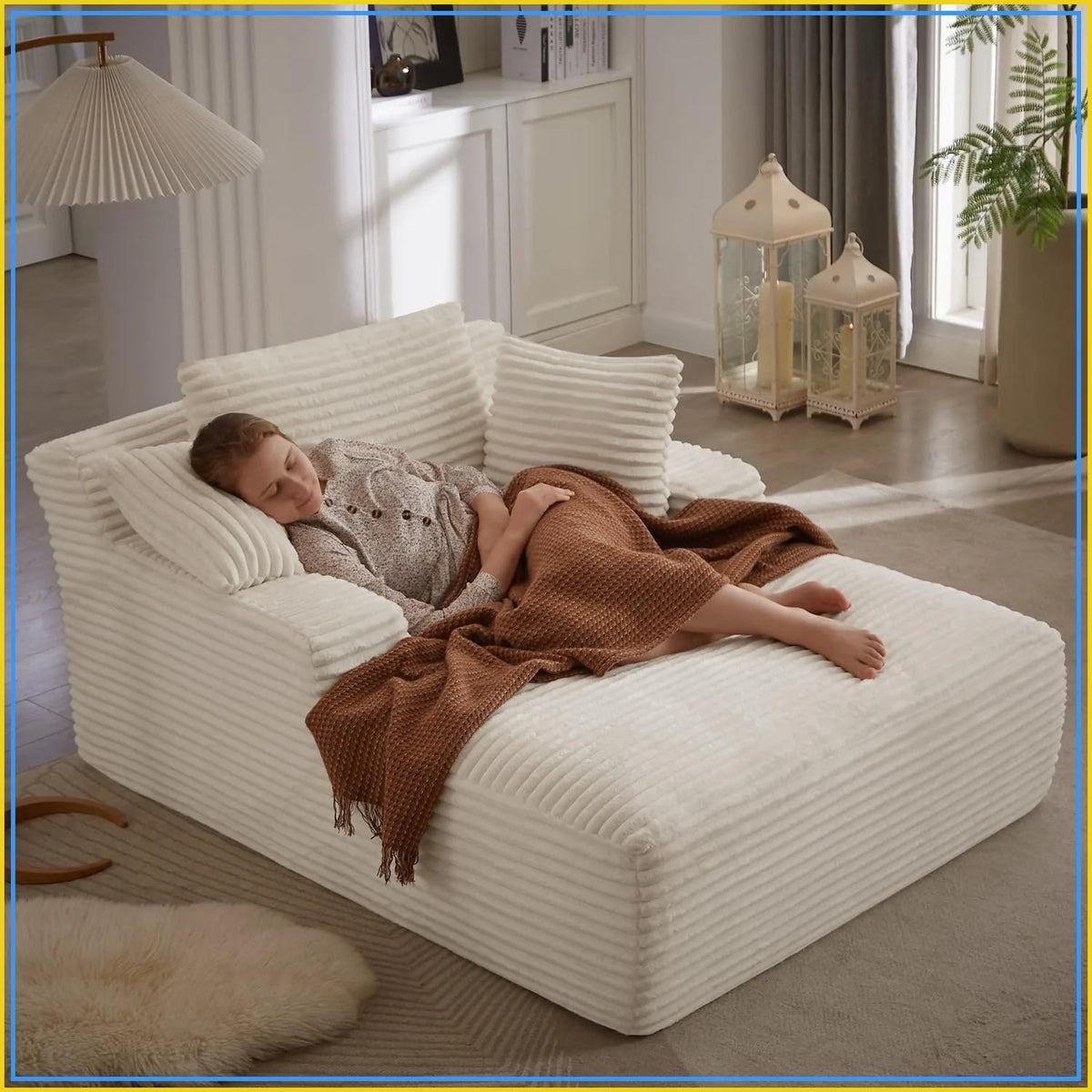 50-Inch Beige Corduroy Sleeper Chaise Lounge