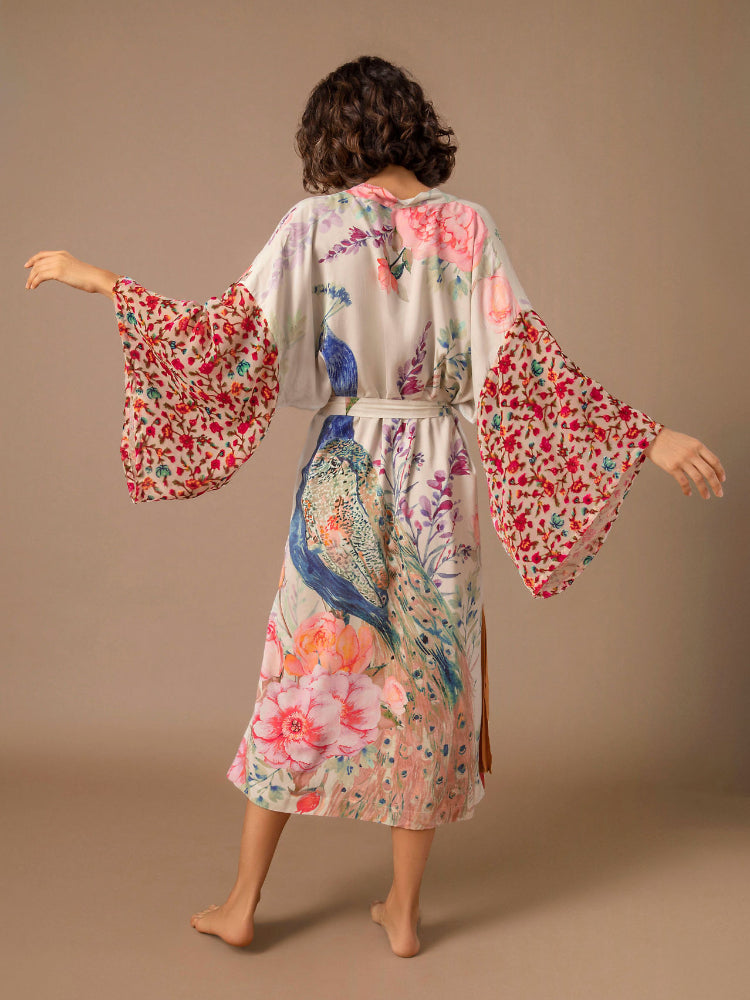 Peacock Print Beach Kimono Cover-Up — Self-Belted Wrap Dress Swimsuit Cover