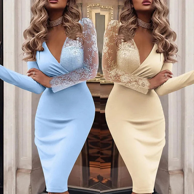 Deep V-Neck Long Sleeve Lace Formal Prom Gown — Sexy Bodycon Evening Party Dress