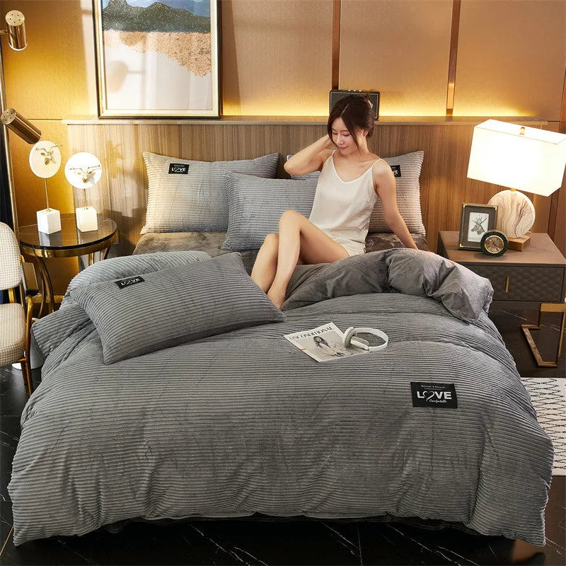 Double-Sided Velvet Duvet Cover Set – Warm Winter 3-Piece Bedding with Zipper & Corner Ties, 11 Colors & 4 Sizes