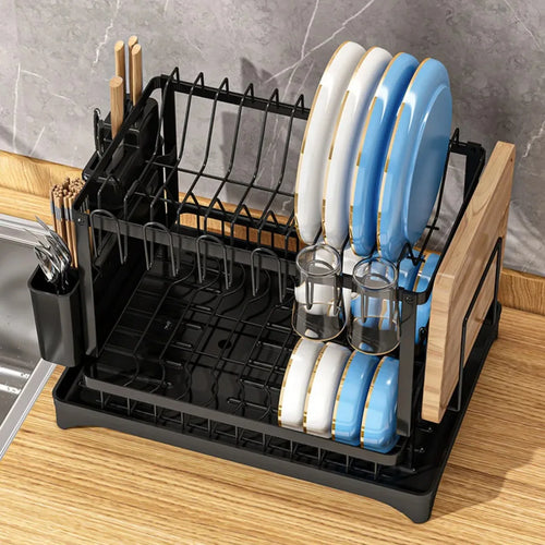 2-Tier 360° Rotating Dish Drying Rack — No-Drill Metal Kitchen Organizer with Utensil Holder & Drainboard