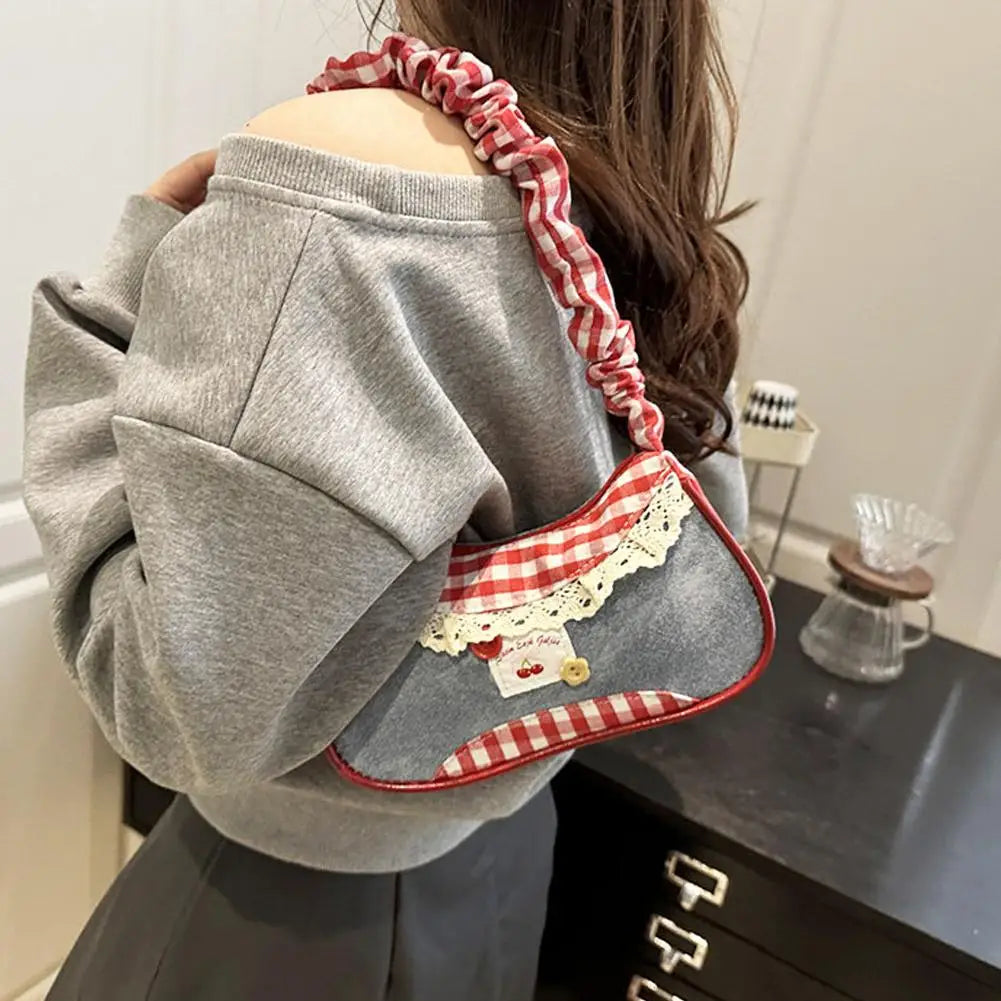 Fashion Grid Lace Ribbon Shoulder Bag – Stretchable Underarm Bag for Daily Commuting & School