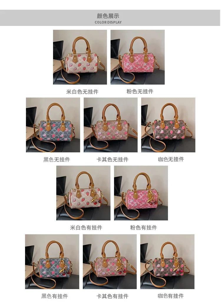 Cherry Print PU Leather Boston Crossbody Shoulder Bag – Luxury Designer Handbag for Women