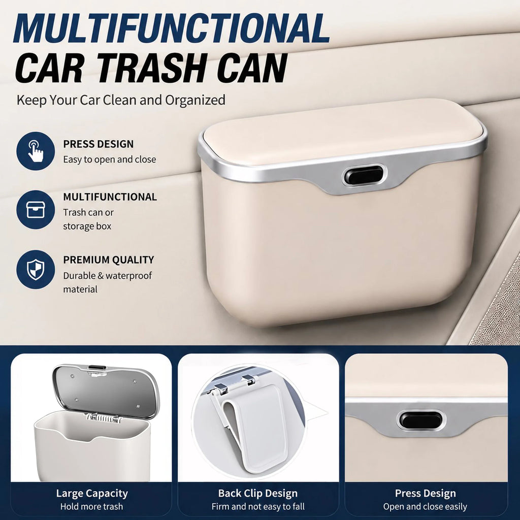 A beige and silver multifunctional car trash can shown in a car interior setting, with marketing text and feature callouts explaining its press design, multifunctional use, and premium quality.