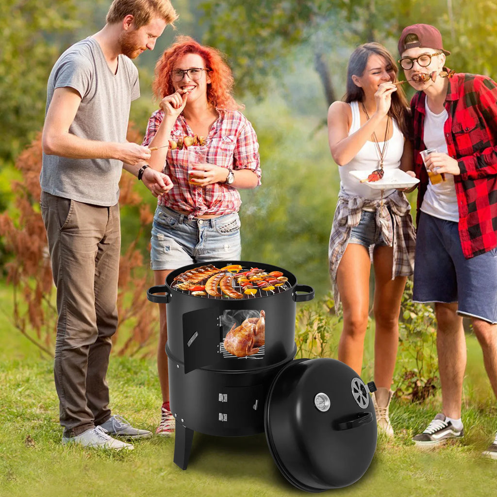 3-in-1 Vertical Portable Smoker Grill | 400 Sq. In., Detachable 2-Layer Design, Built-in Thermometer, Camping & Backyard BBQ