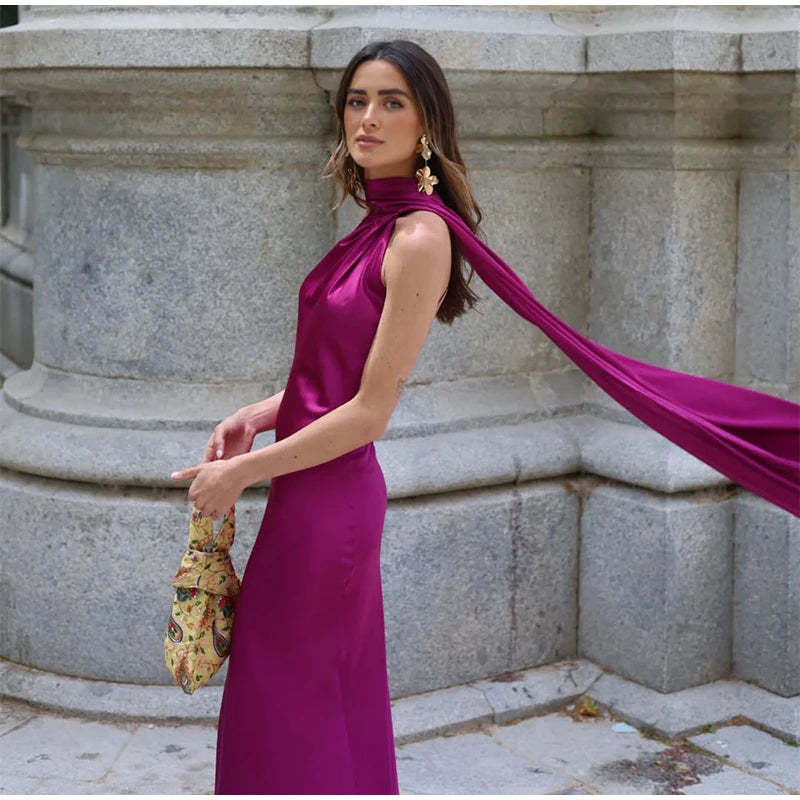 Sexy Satin Halter Backless Party Dress – Off Shoulder Sleeveless Solid Robe Gown 2026