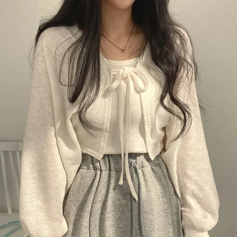 Women's Knitted Cardigan – Thin Lace-Up Lantern Sleeve Short Coat in White, Black & Gray