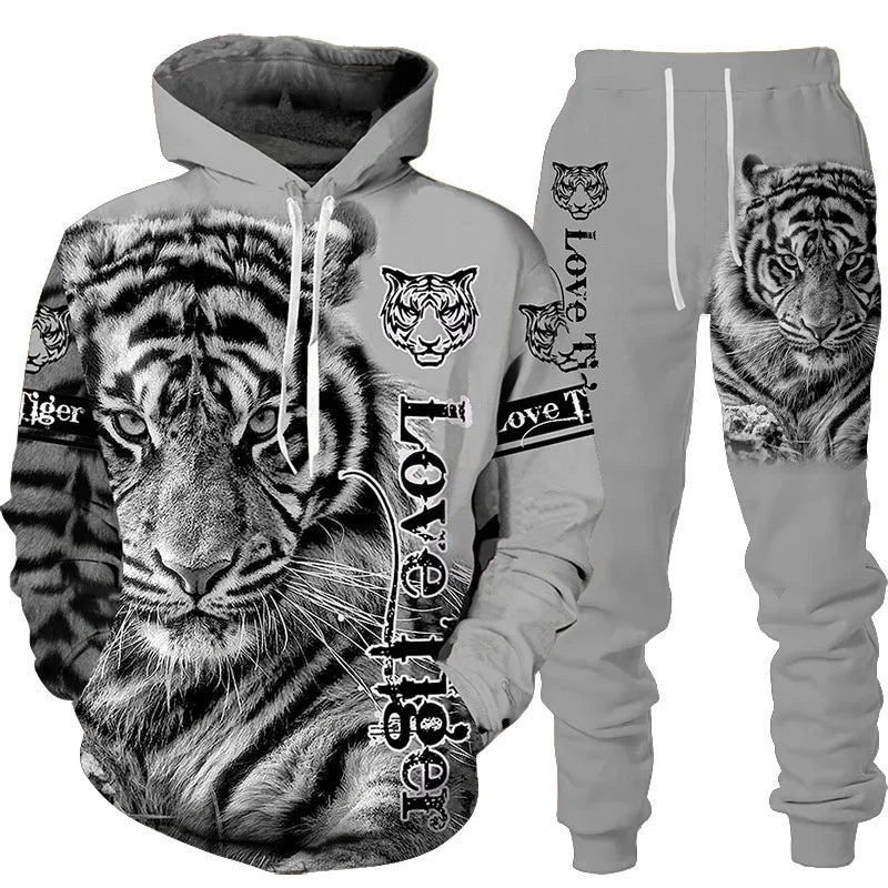 Men's 3D Tiger Print Hoodie & Pants Tracksuit Set – 2-Piece Sportswear