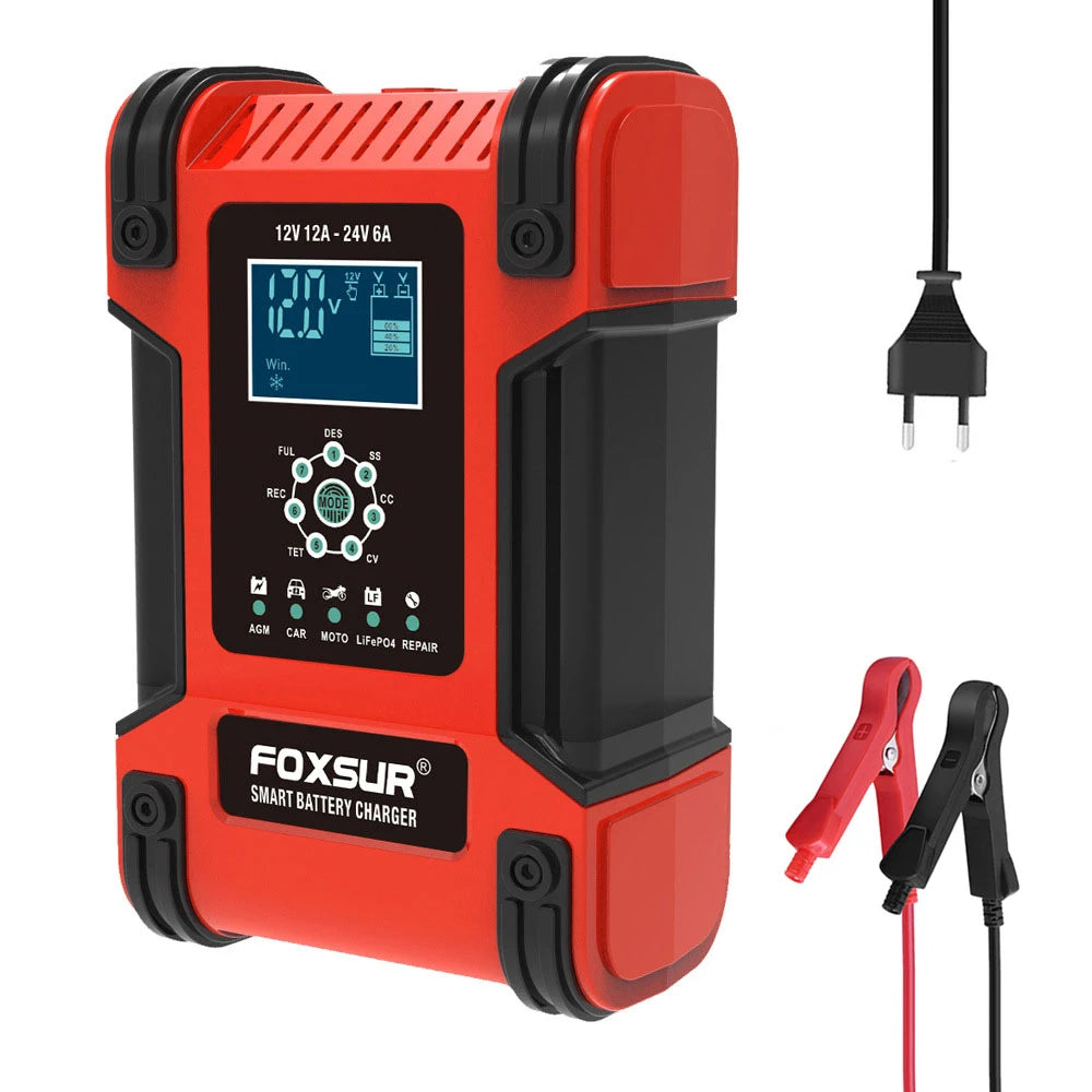 Foxsur Automatic Car Battery Charger 12V 12A – Digital Display Pulse Repair for Wet Dry Lead Acid Batteries