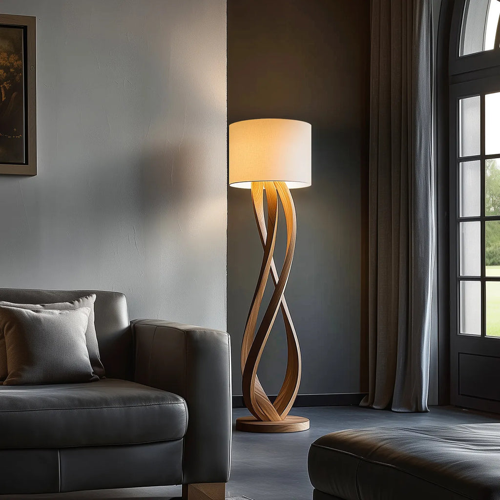 Wood Floor Lamp – Sculpted Base and Fabric Shade