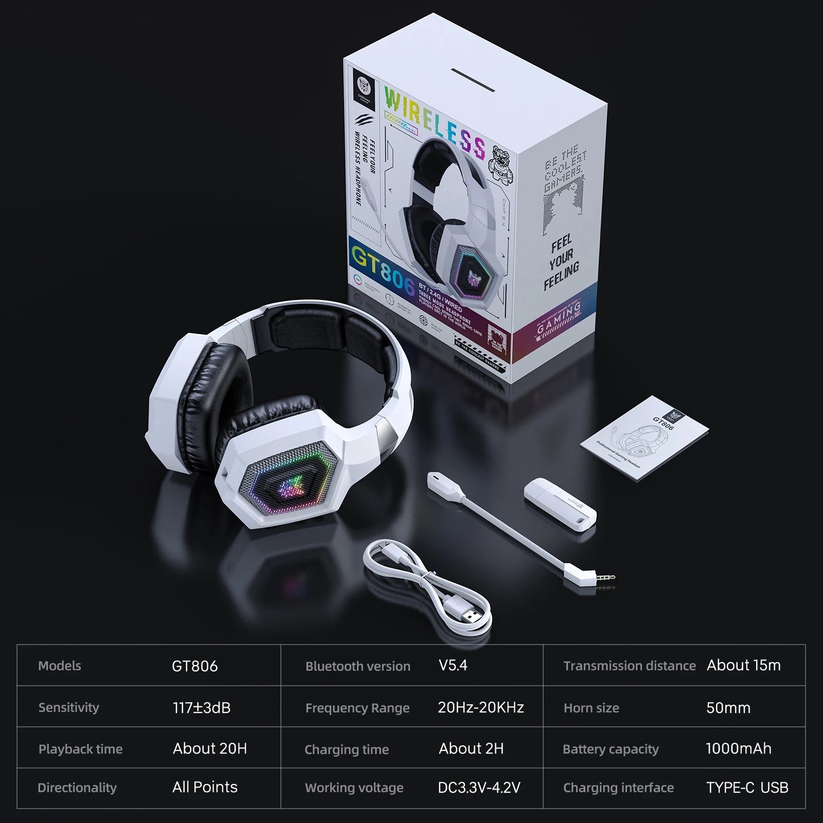 ONIKUMA GT806 Wireless Gaming Headset — 2.4GHz & Bluetooth 5.3, HiFi Sound, RGB, Noise-Canceling Mic for PC & Laptop
