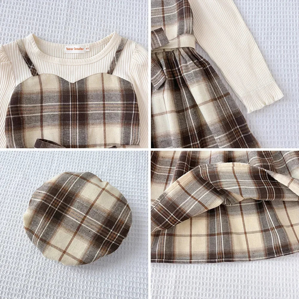 Korean Plaid Girls Casual Dress Set — Long Sleeve Shirt with Belt & Hat (3–7 Years)