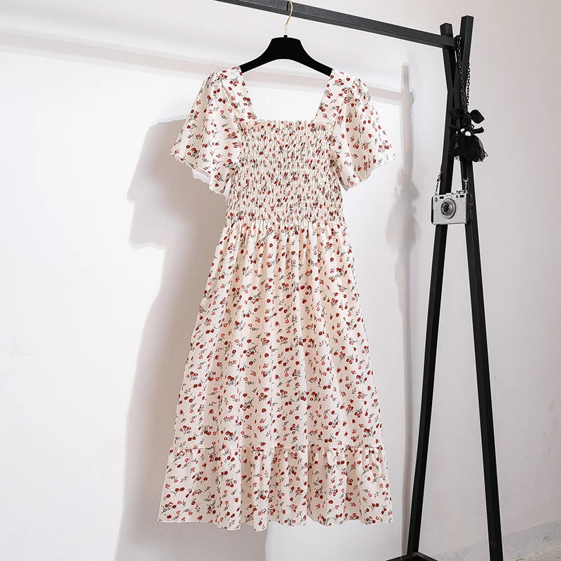 Women's Chiffon Floral Pleated Midi Dress – Short Sleeve Elastic Waist Backless Casual Dress