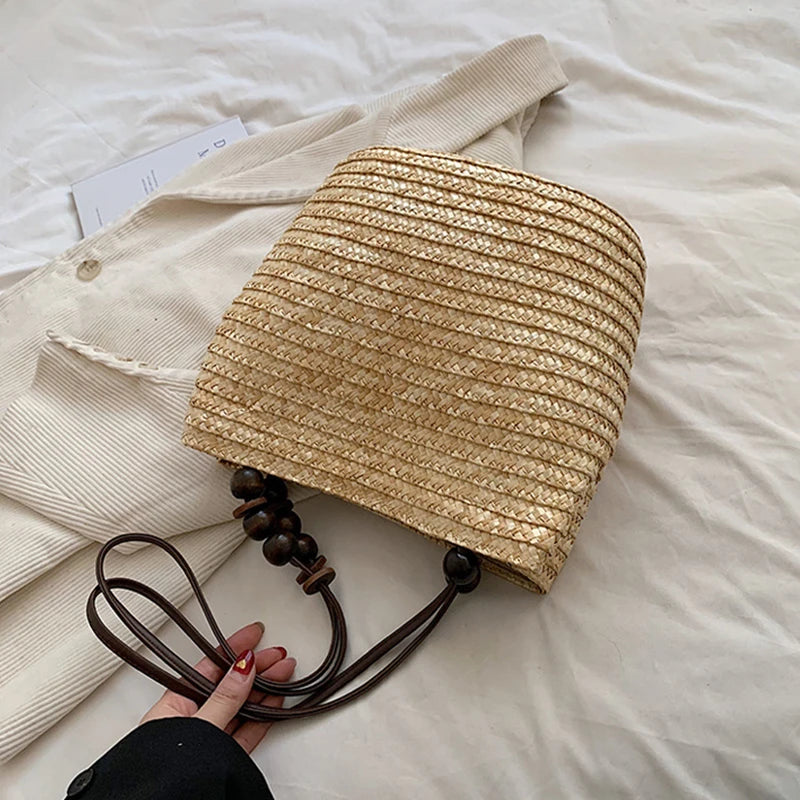 Handmade Straw Rattan Woven Tote Bag – Bohemian Beaded Summer Beach Shoulder Bag for Women