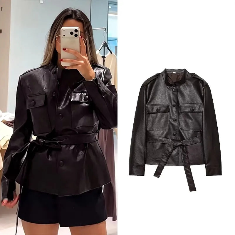 Women's Belted Jacket – Stand Collar Button Front