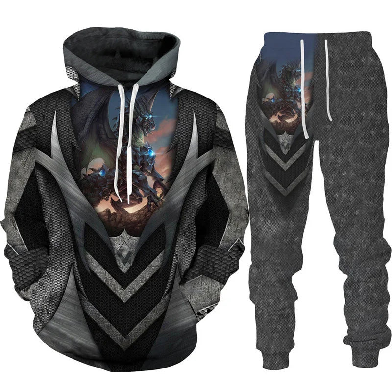 Dragon Print Hoodie Tracksuit Set – Oversized 2-Piece Sweatshirt & Pants