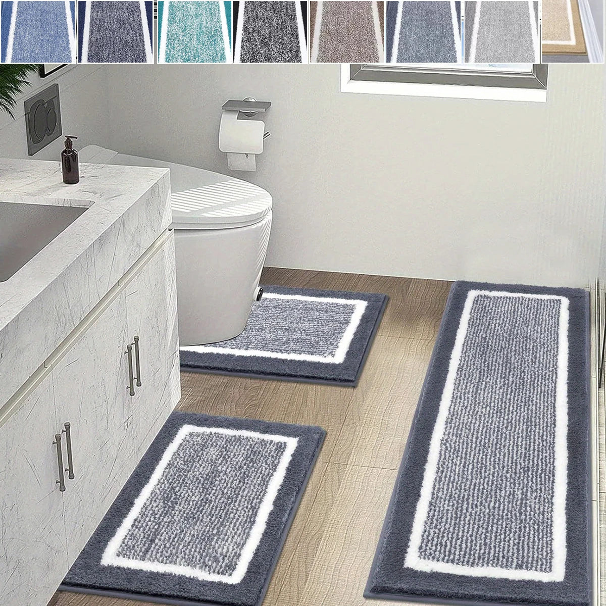 Washable Microfiber Bathroom Rug Set – 3-Piece Non-Slip Absorbent Bath Mats with U-Shaped Toilet Mat, 8 Colors