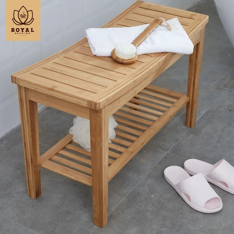 Bamboo Anti-Slip Shower Bench with Storage Shelf