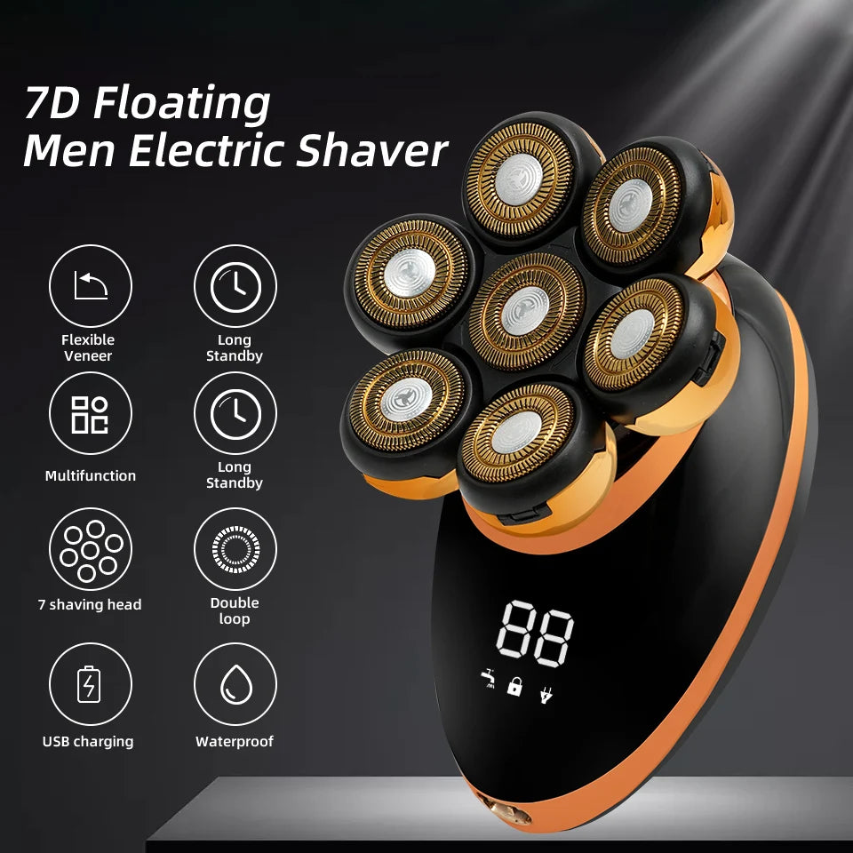 7D Floating Head Electric Shaver for Men – Wet/Dry Rotary Razor with LCD Display & Bald Head Trimmer