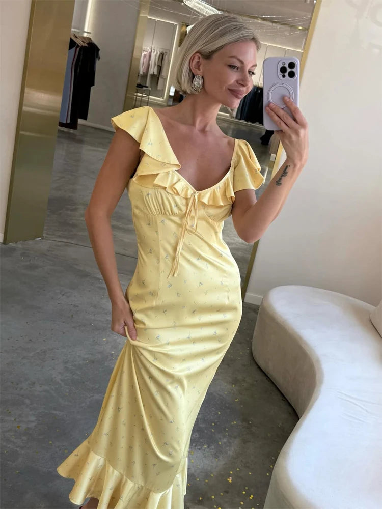 Butter Yellow Satin Bias Cut Lace Patchwork Midi Dress – V-Neck Backless Y2K Party Dress
