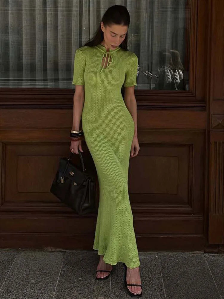 Tossy Knit Hollow Out Lace-Up Dress – Ribbed Short Sleeve Patchwork High Waist Elegant Long Dress
