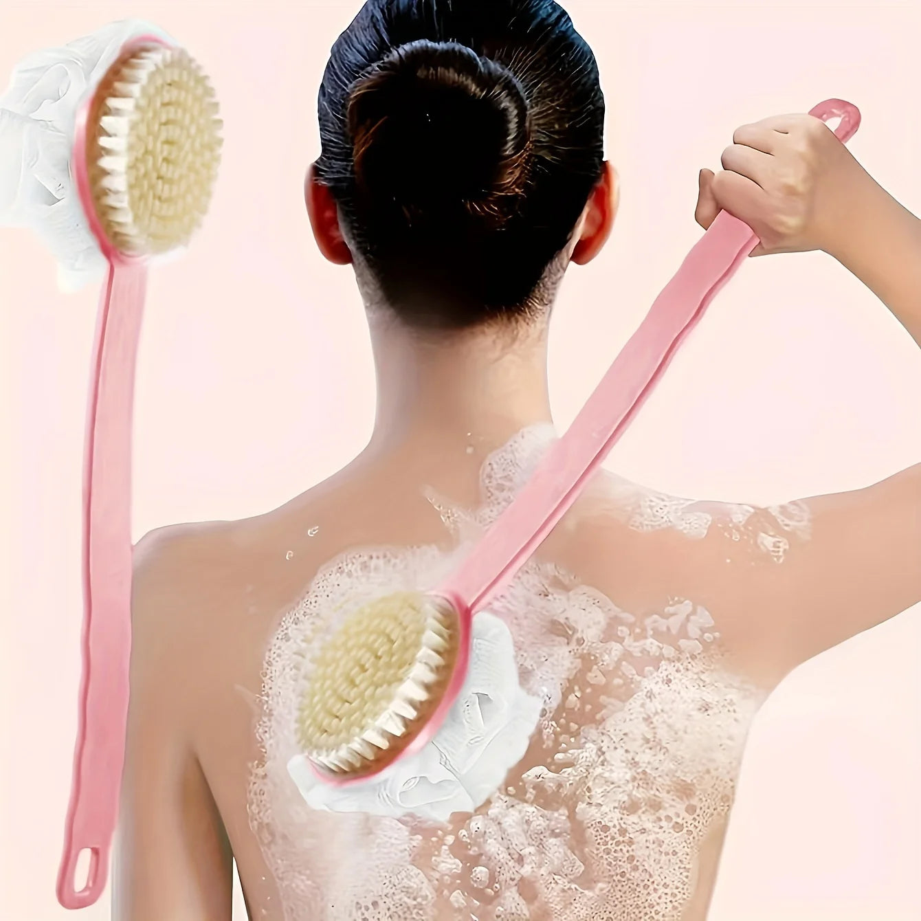 Soft Loofah & Bristles Bath Body Brush — Long Handle Shower Brush for Body, Face & Spa Washing
