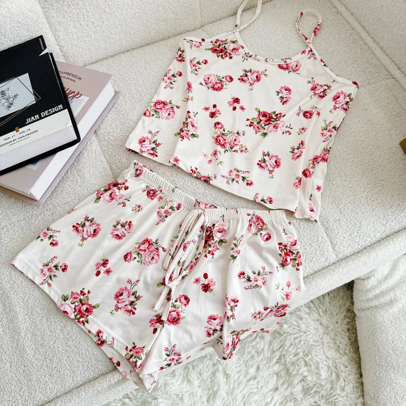 Women's Ice Silk Print Pajama Set | Round Neck T-Shirt & Shorts Breathable Homewear