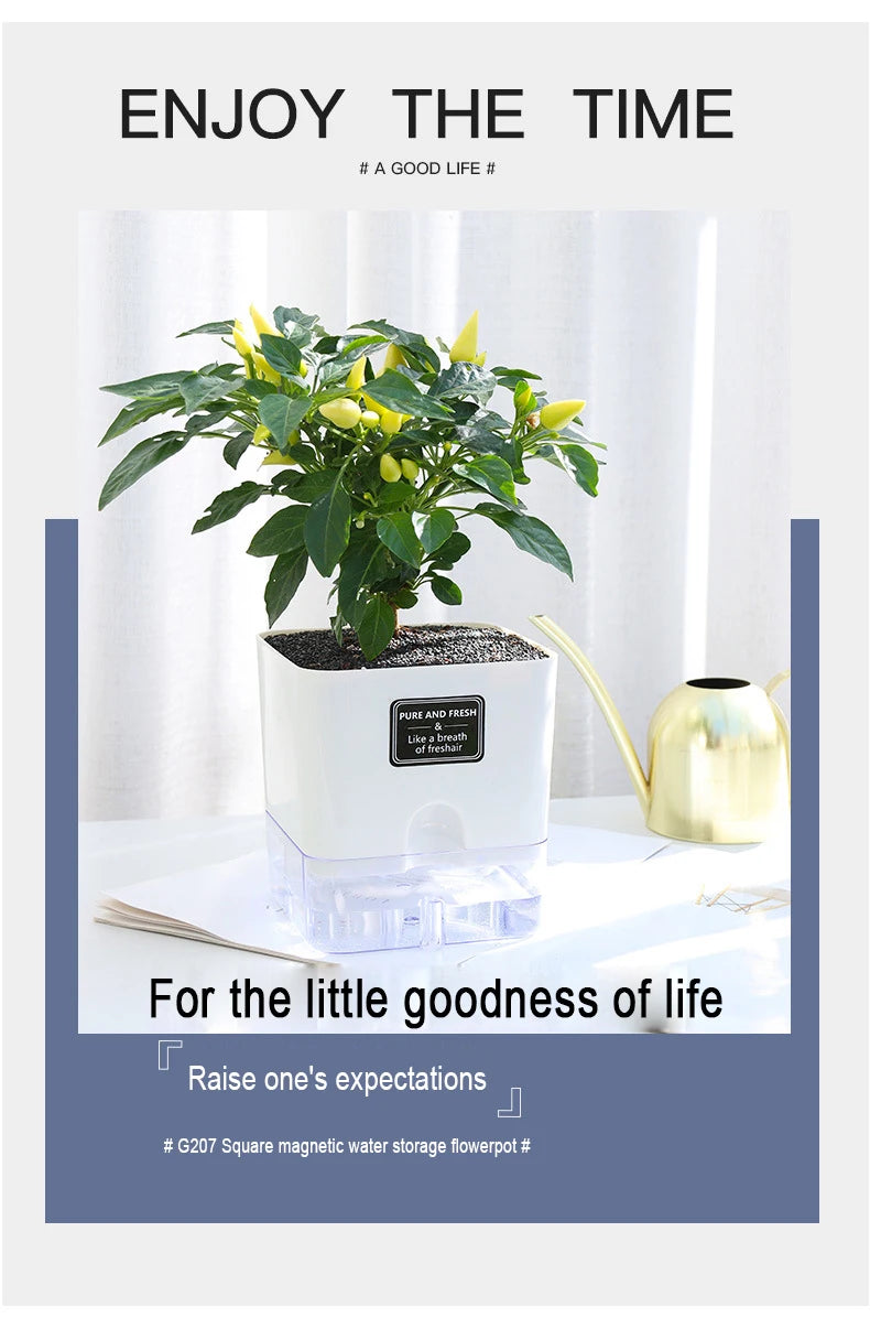 Double-Deck Self-Watering Planter Pot — Magnetic Plastic with Cotton Wick for Indoor & Garden Use